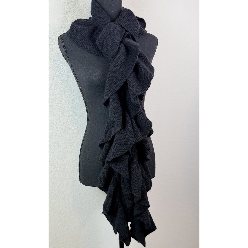 Forte Cashmere 100% Cashmere Black Ruffle Scarf 80" Long Statement Romantic
